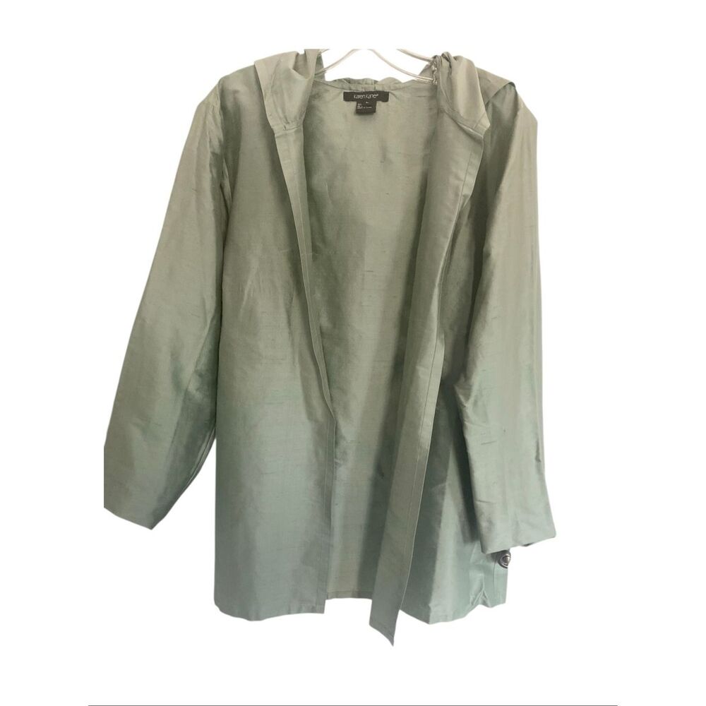 Karen Kane 100% Silk sage green Open Front hooded jacket Sz L